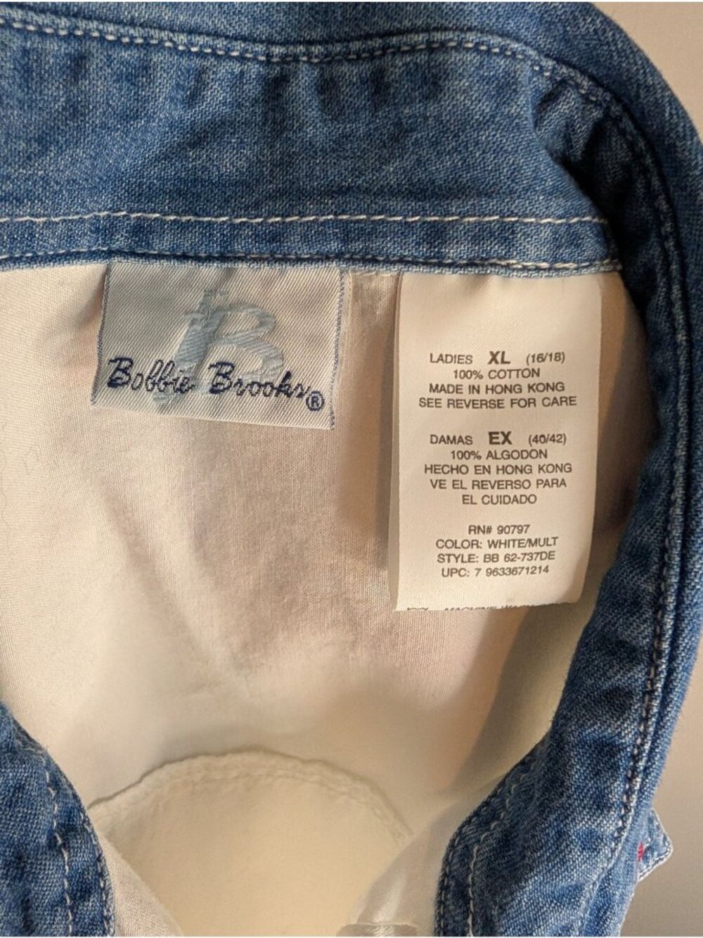 90s's Bobbie Brooks White Button-Up W/ Denim Collar & Embroidered Hearts - XL - Picture 5 of 6